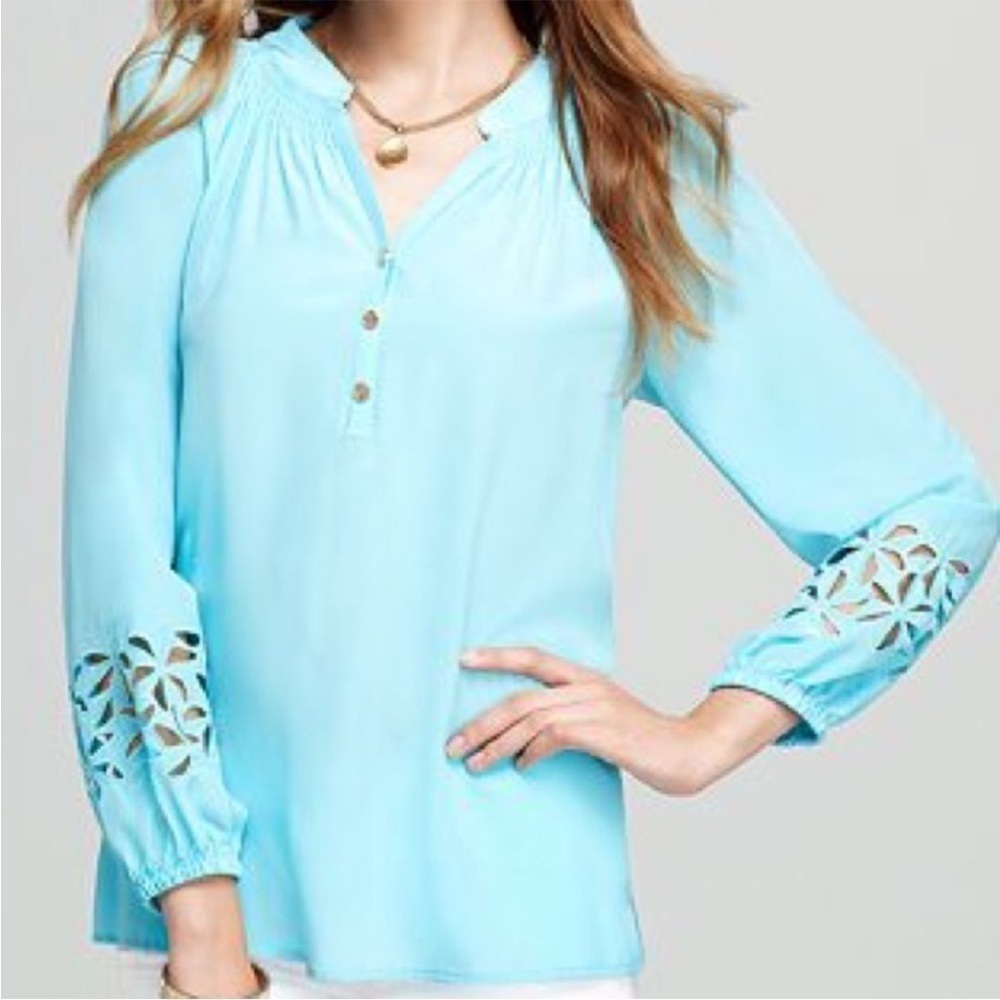 Lilly Pulitzer 100% Silk Elsa Poolside Blue Shirt